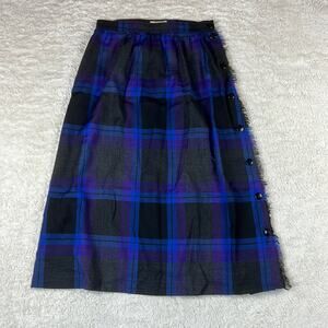 Vintage 80s or 90s Nuons purple plaid wool button down fringe long skirt, 12